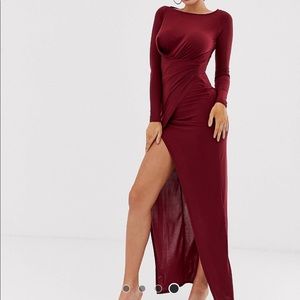 Club L London Round Neck Ruched Burgundy Dress